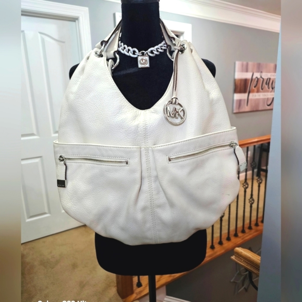 MICHAEL Michael Kors Ivory Leather Double Pocket Zip Hobo
